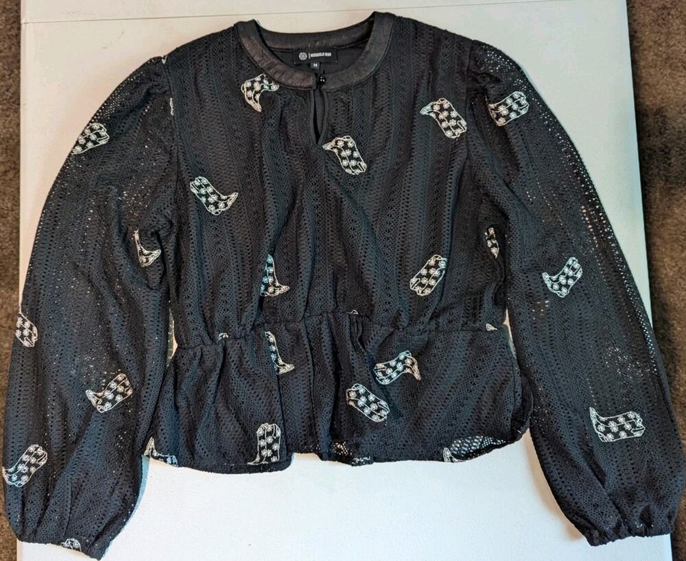 Merigold Kiss Cowboy Boot Lace Top Black Sheer Smocked Waist Peplum Medium